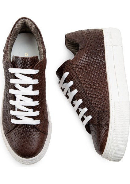 Hakiki Deri Kahverengi Örgü Desen Sneaker Kadın Ayakkabı fırsatları