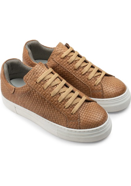 Hakiki Deri Taba Rengi Örgü Desen Sneaker Kadın Ayakkabı
