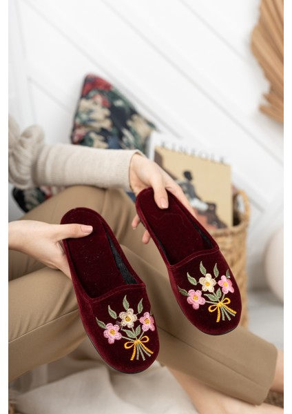Bordo Buket Kadın Ev Terliği Kışlık Kapalı Yumuşak Rahat Terlik Nakışlı Çeyiz Bohça Terliği fırsatları