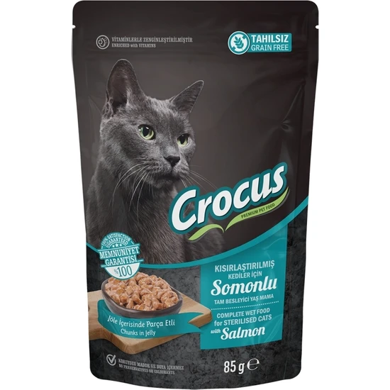 Crocus Tahılsız Kısırlaştırılmış Kedi Somonlu Pouch Jöleli Yaş Mama 85 G