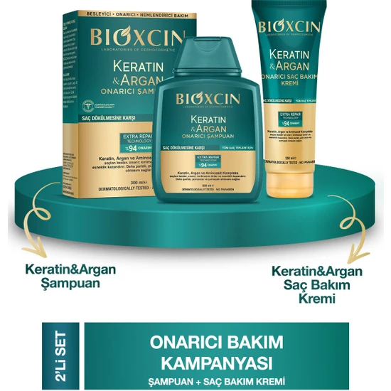Bioxcin Keratin & Argan Onarıcı Şampuan 300ML + Bioxcin Kertin Argan Saç Bakım Kremi