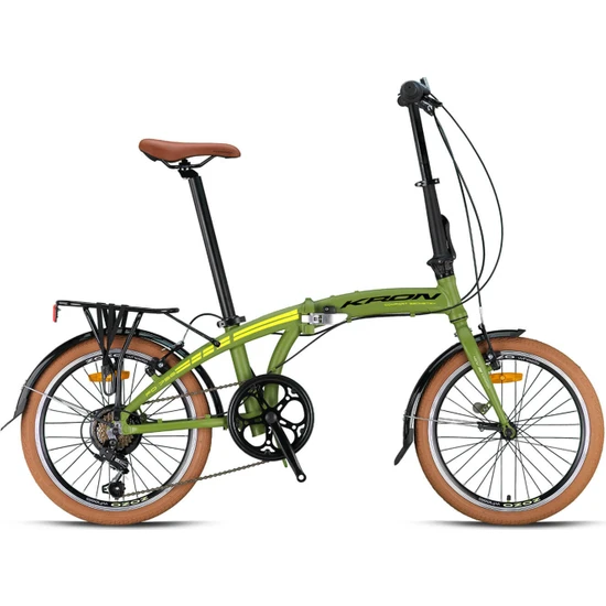 Kron FD750 20 Jant 7 Vites V-Fren Katlanır Bisiklet - Mat Haki-Neon Sarı