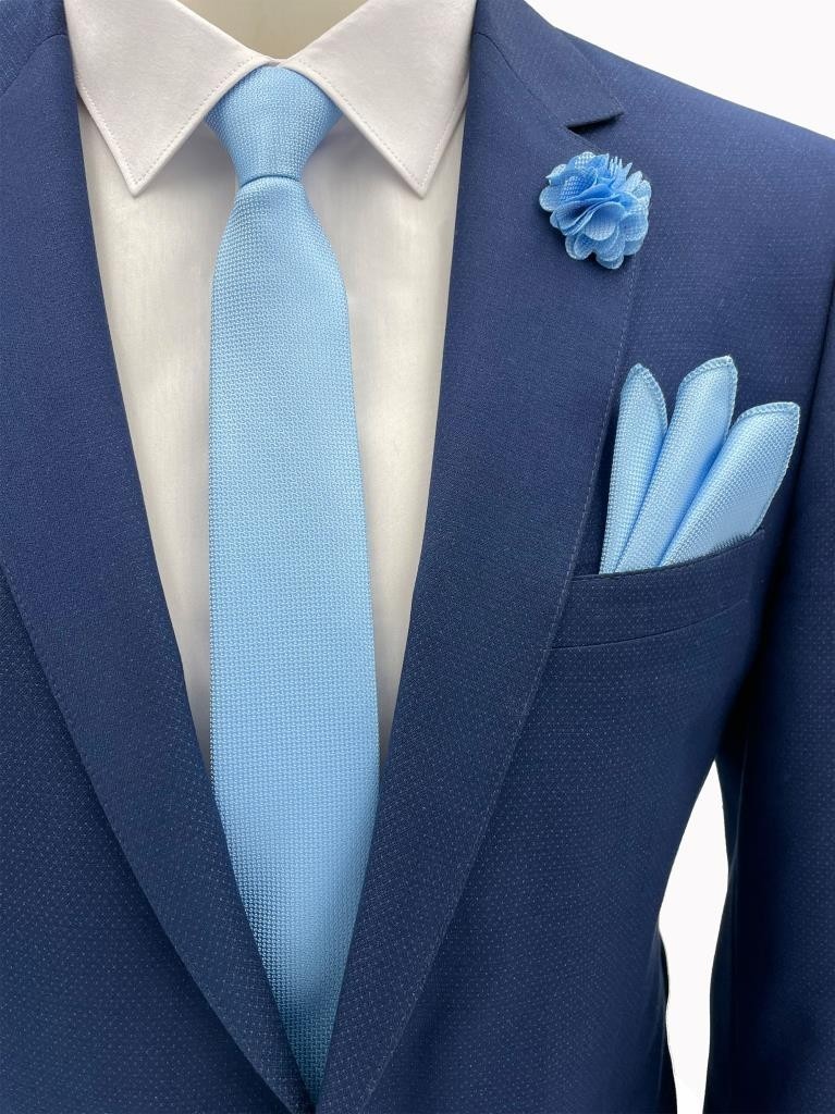 Brianze Bebe Mavisi Kravat Mendil Yaka Çiçeği Set %100 Microfiber Şık Tasarım