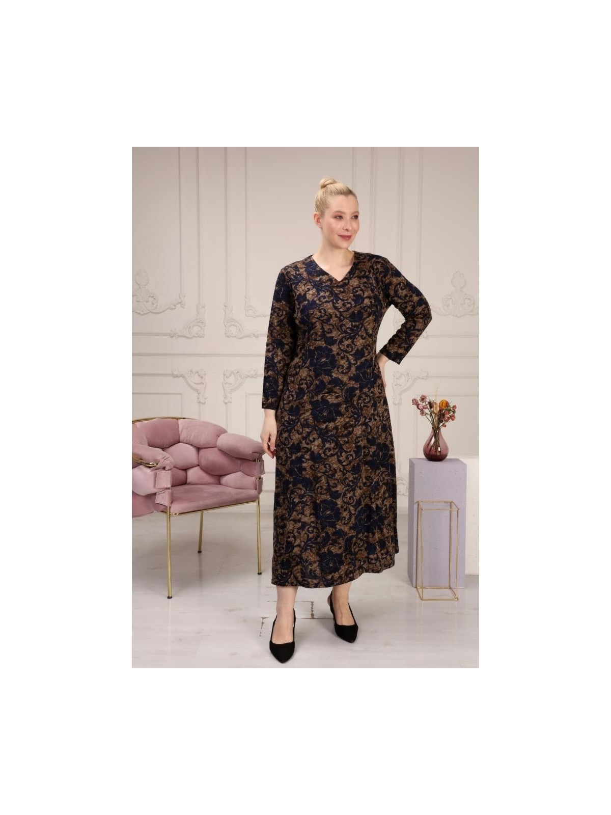 Likapa Kuplu Desenli Rahat Şık Tesettür Büyük Beden Anne Elbisesi - Siyah Antrasit - Görsel 3