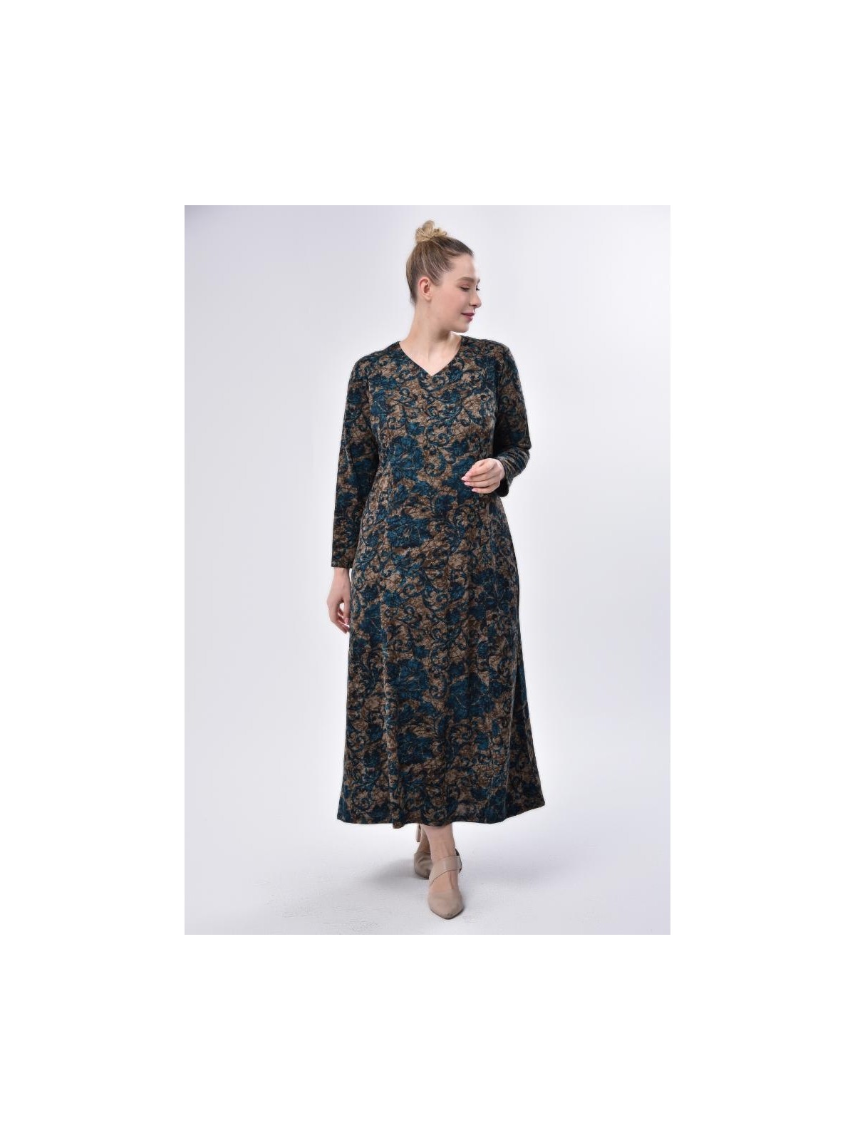 Likapa Kuplu Desenli Rahat Şık Tesettür Büyük Beden Anne Elbisesi - Siyah Antrasit