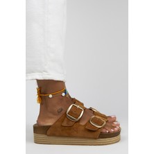 Manijero Selina Kadın Deri Çift Tokalı Taba - Gold Terlik