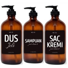 Lalezen Siyah Duş Jeli Saç Kremi Şampuan Etiketli 3 Lü Amber Cam Şişe Set