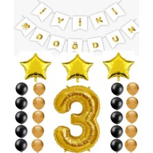 Best Parti Iyiki Doğdun Yazılı 3 Yaş Gold Renk Doğum Günü Parti Seti