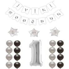 Bal10 Dünyası Iyiki Doğdun Yazılı 1 Yaş Gümüş Renk Doğum Günü Parti Seti