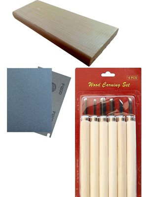 Oyun ve Sanat Ahşap Oyma Başlangıç Seti, Hobi Heykel Ağaç Şekil Verme 6li Uç Takımı, 1 Çam Plaka, Zımpara.