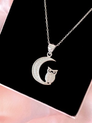 Alâ Silver Jewellery Ay ve Baykuş Taşlı  925 Ayar Gümüş Kolye