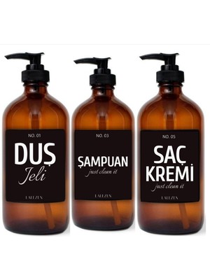 Lalezen Siyah Duş Jeli Saç Kremi Şampuan Etiketli 3 Lü Amber Cam Şişe Set