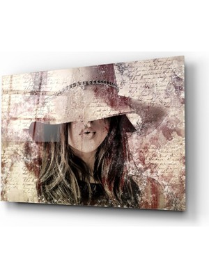 Insigne Retro Şapkalı Kız Cam Tablo - 72X46 cm
