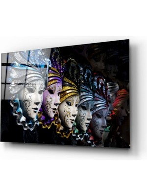 Insigne Venedik Karnaval Maskeleri Cam Tablo - 72X46 cm