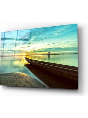 Insigne Sahilde Kayık ve Gün Batımı Cam Tablo - 72X46 cm