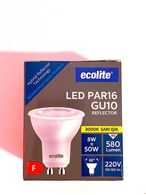 ECOLİTE PAR16  GU10  3000 K  SARI IŞIK 8 W=50W 580 LM IŞIK GÜCÜ SPOT LED AMPÜL 3 ADET