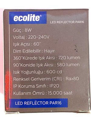 ECOLİTE PAR16  GU10  3000 K  SARI IŞIK 8 W=50W 580 LM IŞIK GÜCÜ SPOT LED AMPÜL 3 ADET