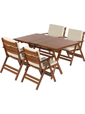 KL BAHÇE MOBİLYA KL BAHÇE Atina Ahşap Bahçe Balkon Takımı 80×120 cm Masa + 4 Minderli Sandalye Katlanır Set – Geniş Alan ve Üst Düzey Konfor