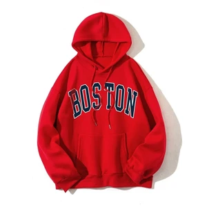 Unisex Kırmızı Oversize Boston Baskılı Sweatshirt Kapüşonlu