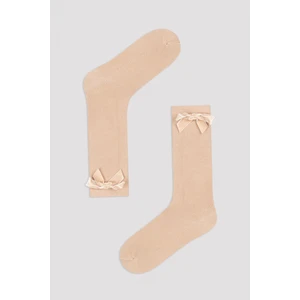 Bej Kız Çocuk Kurdeleli Pantolon Çorabı