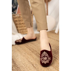 Moda Fırsat Bordo Çini Kadın Ev Terliği Kışlık Kapalı Yumuşak Rahat Terlik Nakışlı Çeyiz Bohça Terliği