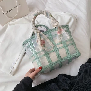Dantel Fiyonk Hasır Çanta Moda Şeffaf Sepet Plaj Çantası(Yurt Dışından)