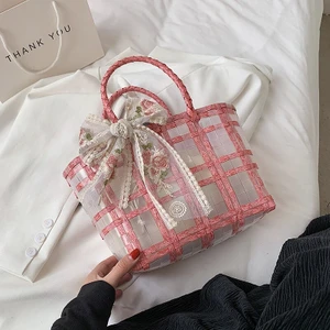 Dantel Fiyonk Hasır Çanta Moda Şeffaf Sepet Plaj Çantası(Yurt Dışından)