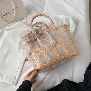 Dantel Fiyonk Hasır Çanta Moda Şeffaf Sepet Plaj Çantası(Yurt Dışından)