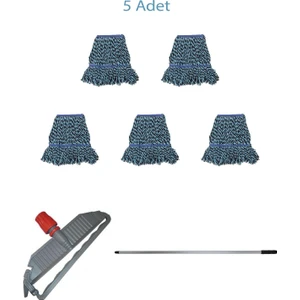 Geniş Yedek Islak Mop Paspas Takımı - 5 Ad 25 Cm. 500  gr. Islak Mop + Mop Tutucu + Metal Vidalı Sap