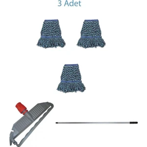 Geniş Yedek Islak Mop Paspas Takımı - 3 Ad 25 Cm. 500  gr. Islak Mop + Mop Tutucu + Metal Vidalı Sap