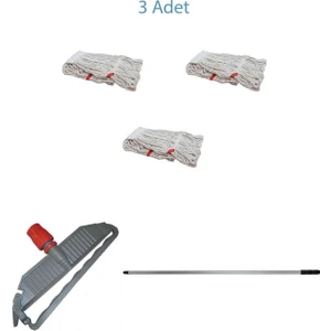 Geniş Yedek Islak Paspas Mop Takımı Seti - 3 Adet Geniş Islak Mop Başlığı  + Metal Sap + Mop Tutucu