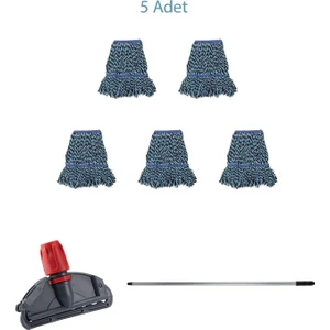 Çift Kovalı Temizlik Arabası Seti Yedek Mop Takımı - 5 Adet 17 Cm. Dar Mop + Mop Tutucu + Sap