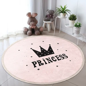 Pembe Zeminli Princess Yazılı Çocuk & Genç Odası Makinede Yıkanabilir Kaymaz Tabanlı Püsküllü Yuvarlak Çocuk Halısı
