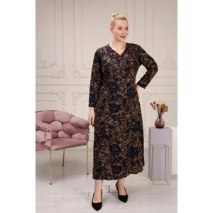 Kuplu Desenli Rahat Şık Tesettür Büyük Beden Anne Elbisesi - Siyah Antrasit