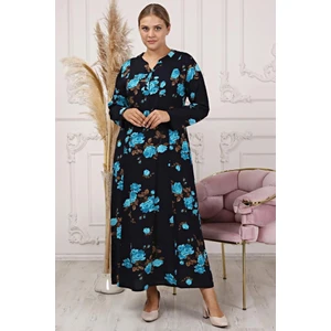 Uzun Kollu Viskon Lacivert Turkuaz Gül Desenli Tesettür Büyük Beden Kuplu Anne Elbisesi