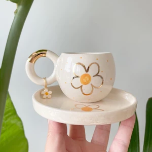 Mug Tasarım 24K Altın Yaldızlı Double Türk Kahvesi Papatyalı