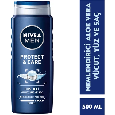 NIVEA Men Protect&Care Duş Jeli 500ml; 3'ü 1 Arada Komple Bakım; Vücut; Saç ve Yüz için;Aloe Vera