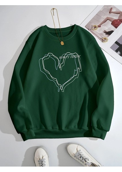 Kadın Çizgili Kalp Baskılı Oversize Sweatshirt fiyatları