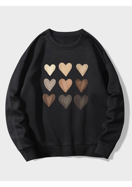Unisex Çok Kalp Baskılı Oversize Sweatshirt