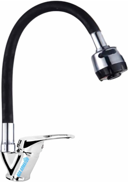 Siyah Oynar Borulu Iki Fonksiyonlu Mutfak Eviye Bataryası Musluğu Çift Su Girişli