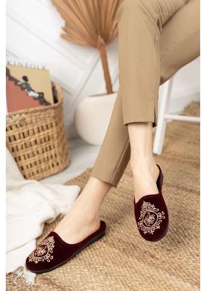 Bordo Çini Kadın Ev Terliği Kışlık Kapalı Yumuşak Rahat Terlik Nakışlı Çeyiz Bohça Terliği fırsatları