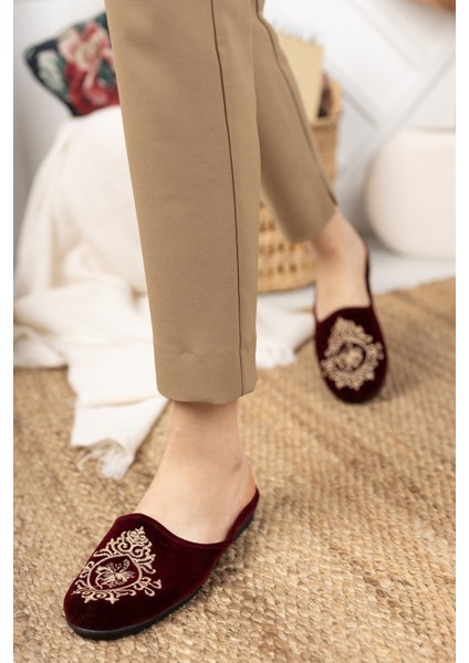Bordo Çini Kadın Ev Terliği Kışlık Kapalı Yumuşak Rahat Terlik Nakışlı Çeyiz Bohça Terliği fiyatları