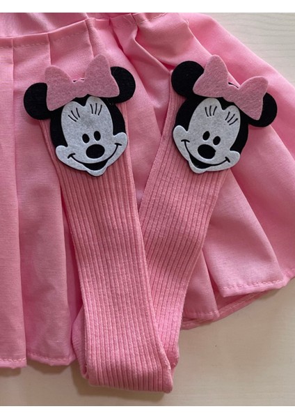 Kız Bebek Miki Mouse Figürlü Bandanalı Çoraplı 3 Lü Slopet Takımı 6-9 Ay modelleri