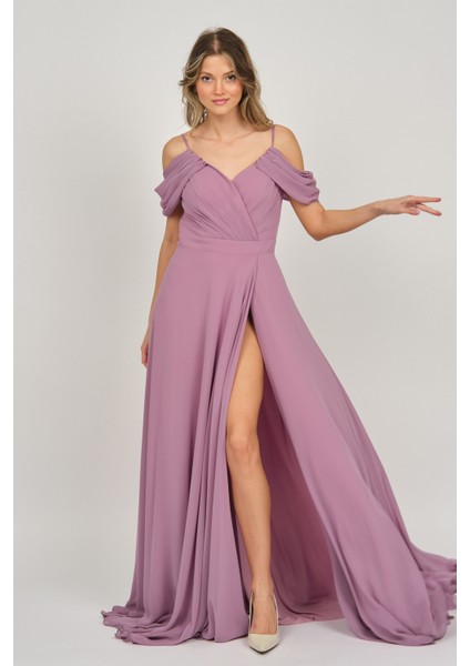 Kadın Derin Yırtmaçlı Uzun Abiye Elbise 5481027 Gül Kurusu