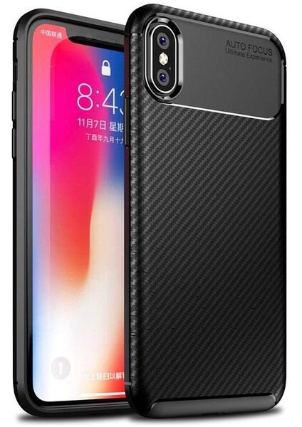 Apsuwa Iphone Xs Karbon Görünüm Negro Silikon Kılıf + Ekran Koruyucu Nano