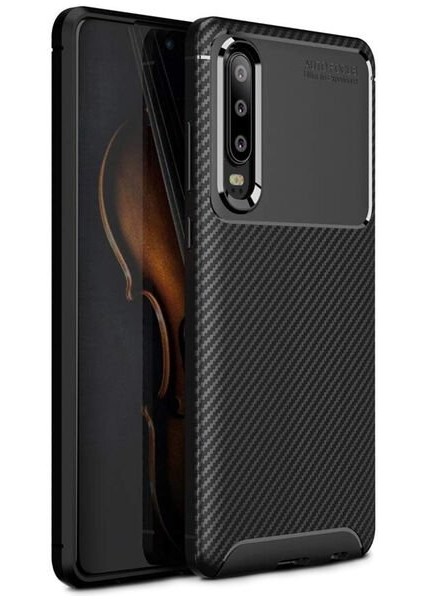 Huawei P30 Karbon Görünüm Negro Silikon Kılıf + Ekran Koruyucu Nano