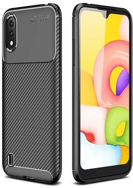 Apsuwa Samsung Galaxy A01 Karbon Görünüm Negro Silikon Kılıf + Ekran Koruyucu Nano