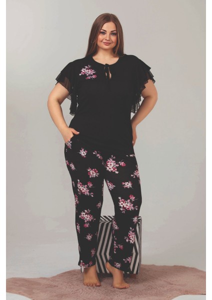 Siyah Renk Çiçek Desenli LADY-10852 Kadın Kısa Kol Büyük Beden Pijama Takımı