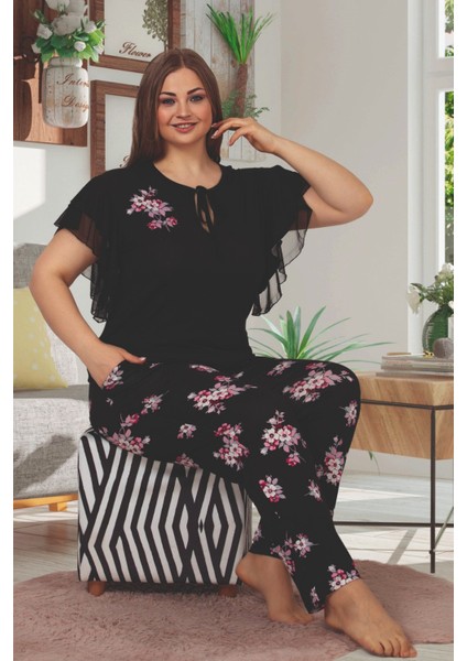 Siyah Renk Çiçek Desenli LADY-10852 Kadın Kısa Kol Büyük Beden Pijama Takımı fiyatları