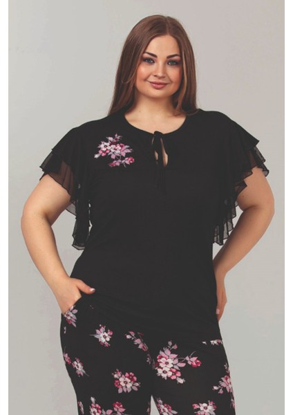 Siyah Renk Çiçek Desenli LADY-10852 Kadın Kısa Kol Büyük Beden Pijama Takımı modelleri